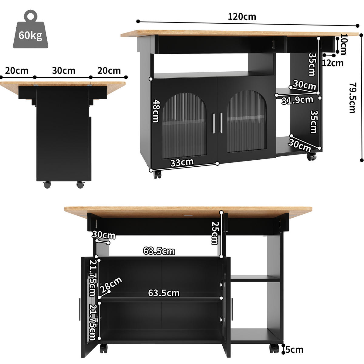 KÜCHENINSEL Klapptisch Rollbar 120x70x79.5cm Schwarz mit Arbeitsplatte & Stauraum - Schwarz, Holzwerkstoff (120/79.5/70cm) - Modfu