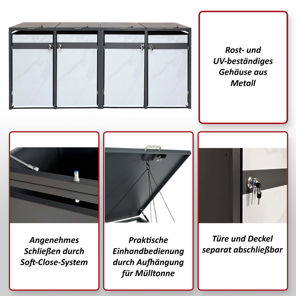 4ER MÜLLTONNENVERKLEIDUNG rechteckig Anthrazit, Gold - Anthrazit/Goldfarben, Metall (264/117/80cm) - MCW