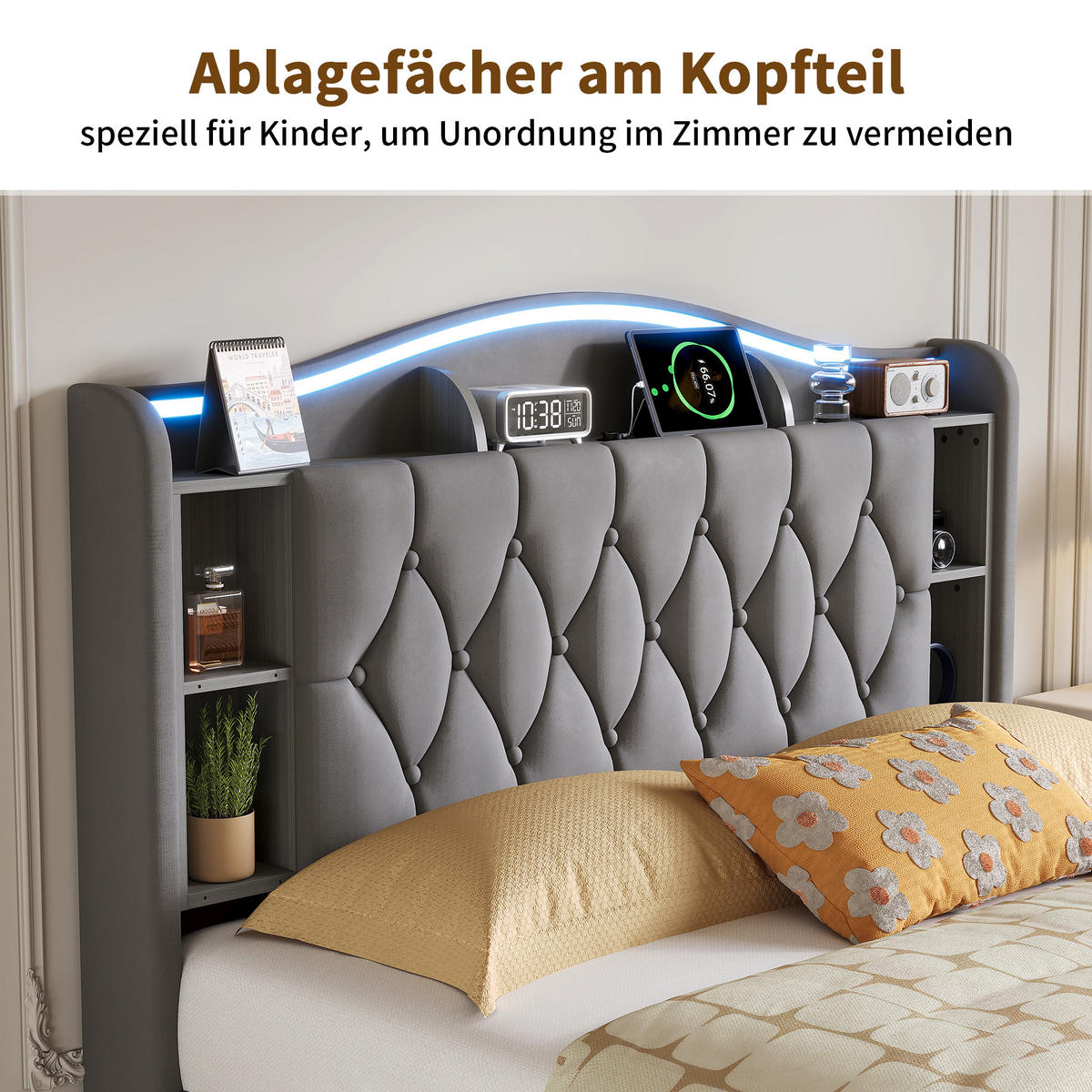 POLSTERBETT 140x190 cm mit Bettkasten, LED & USB, Doppelbett mit Kopfteil Stauraum und kabellosem Laden, Grau - Grau, Metall (140/190cm) - EuroLiving
