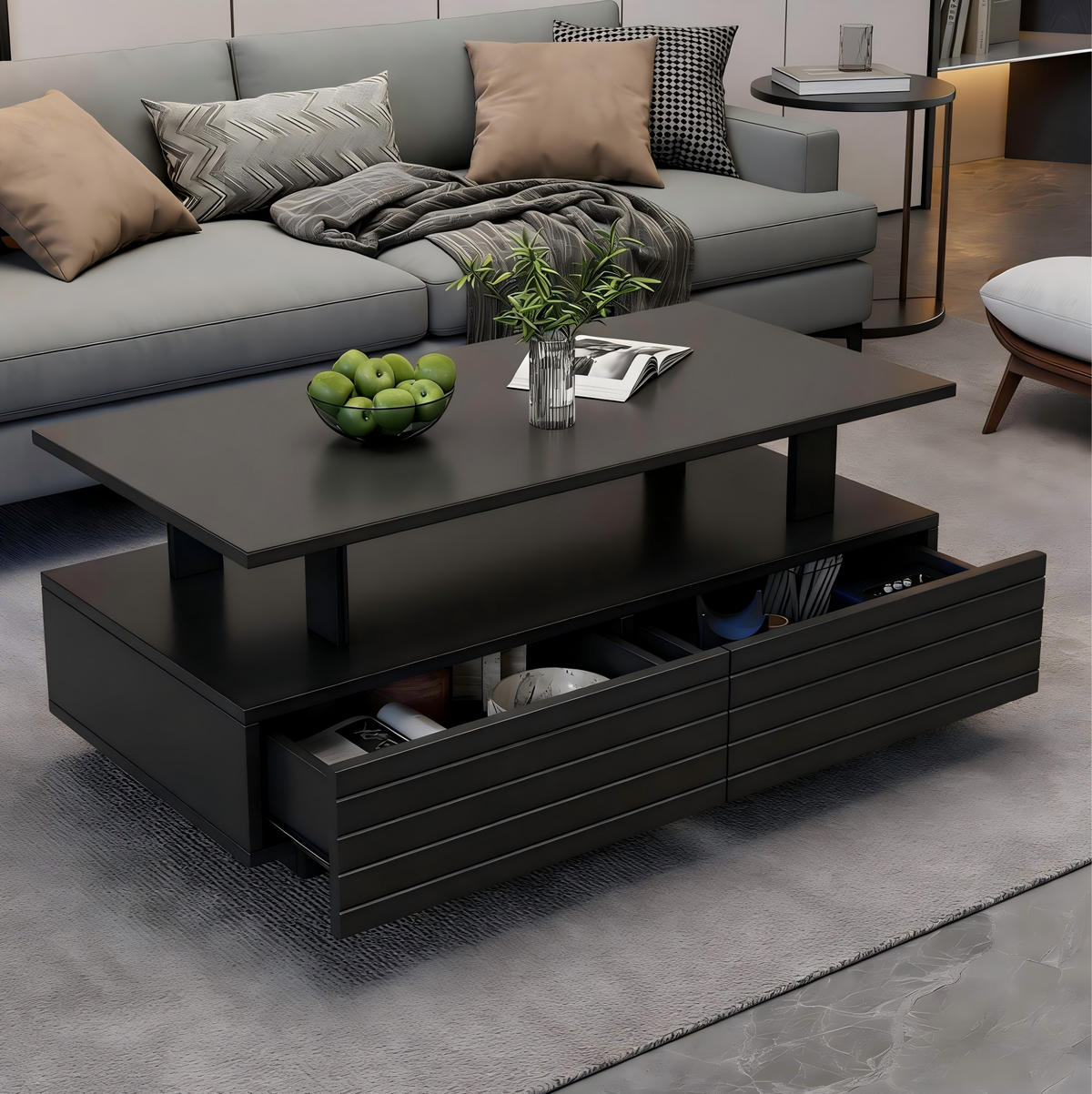 COUCHTISCH mit LED und Stauraum 100 x 50 cm Acryl Schwarz - Schwarz, Holz (100/50/42cm) - Meubliv