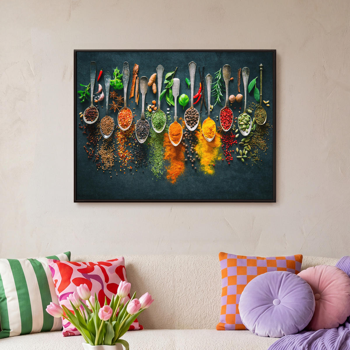 LEINWAND Bilder mit Rahmen - Kräuter - Gewürze - Löffel - 80x60 - Currygelb, Textil (80/60cm) - MuchoWow