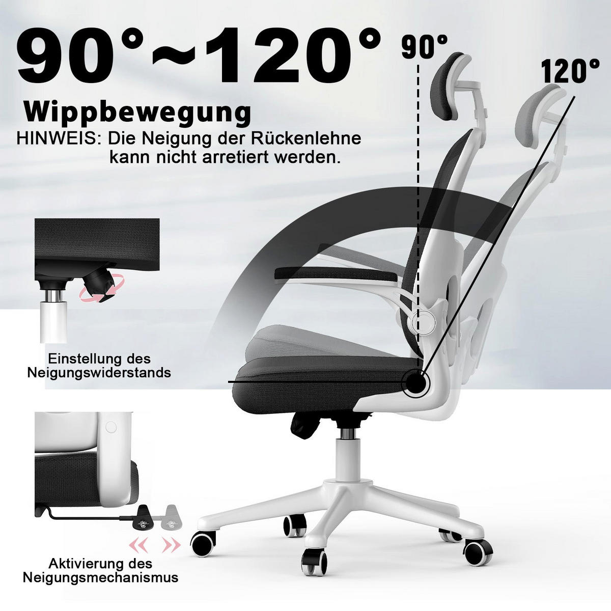 BÜROSTUHL ergonomisch, höhenverstellbar, klappbare Armlehnen, Kopfstütze – Weiß - Weiß, Metall (50.5/134/52cm) - Rattantree