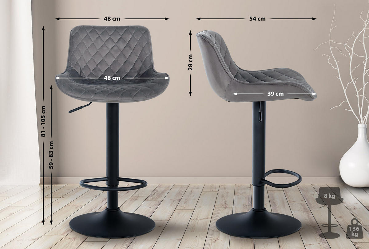 BARHOCKER 2er Set Minerva Samt dunkelgrau - Schwarz/Grau, Textil/Metall (48/105/54cm) - TPFLiving