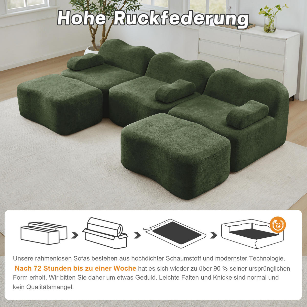 MODULARES Ecksofa mit Samtbezug in Grün 167x288x70 cm, tiefer Sitzfläche und flexiblem Hocker - Grün, Textil (288/70/167cm) - IVMEU