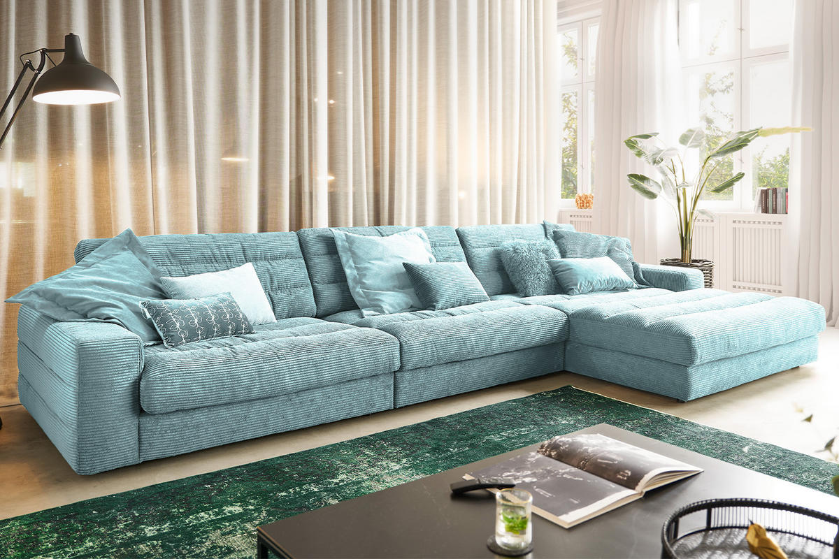 ECKSOFA XL LANA Hellblau Cord - Schwarz/Hellblau, Textil (416/205cm) - KAWOLA