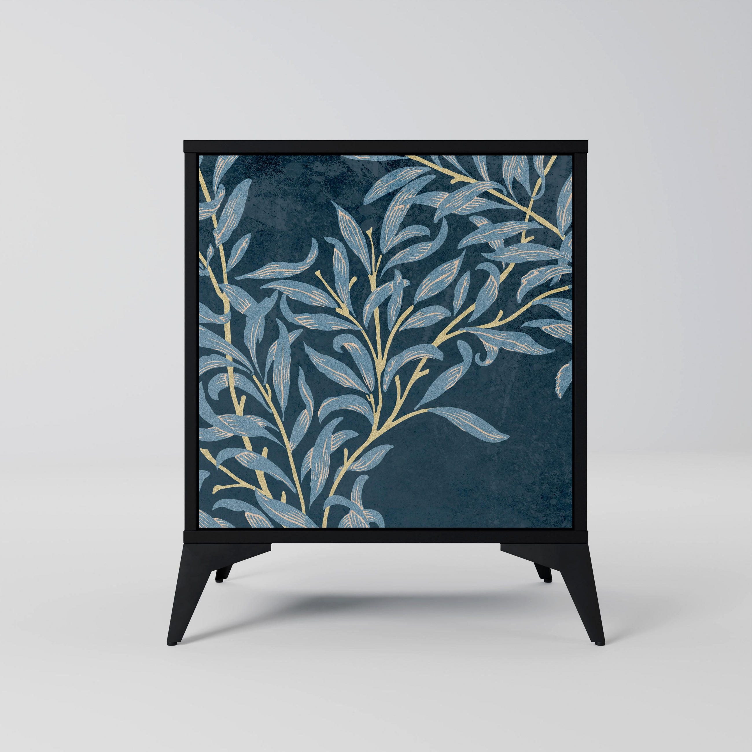 SIDEBOARD BLUE LEAVES, Schwarz, 57,5x42x70,5 cm, Schwarze Metall-Sternfüße - Multicolor/Schwarz, Holzwerkstoff/Metall (57.5/70.5/42cm) - SpaceRebels