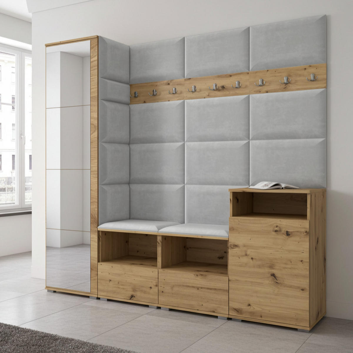 GARDEROBE NELA X 200 cm (Modulare Flurmöbel Artisan Eiche mit Spiegel & Sitzpolster Hellgrau 32 Schrank + Sideboard) - Silberfarben/Hellgrau, Holz/Holzwerkstoff (200/187/40cm) - Ravio