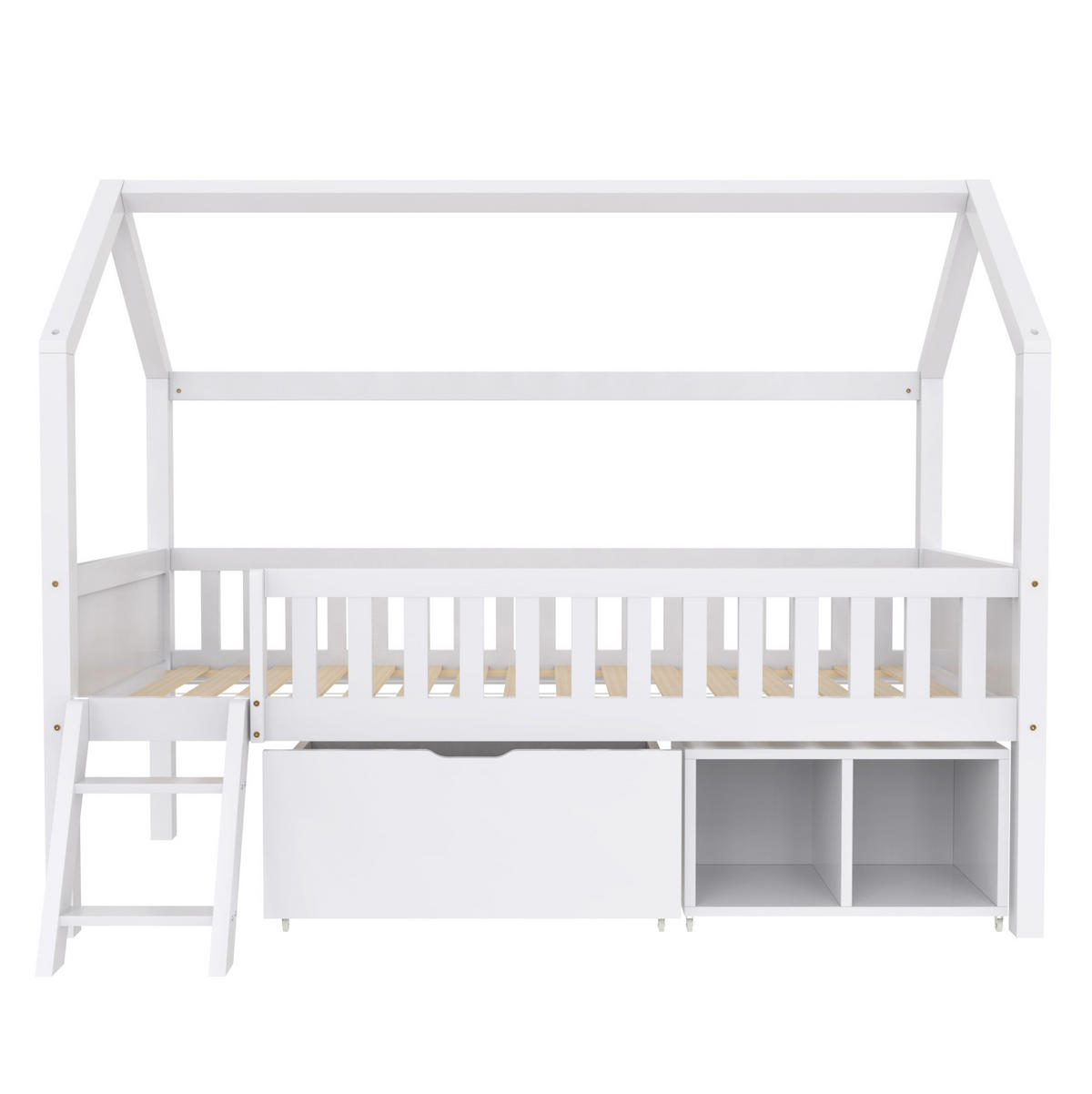 KINDERBETT 90/200 cm im Baumhausstil mit Treppe, Geländer, Schubladen und Schrank aus Kiefern, Weiß - Weiß, Holzwerkstoff (90/200cm) - Redom