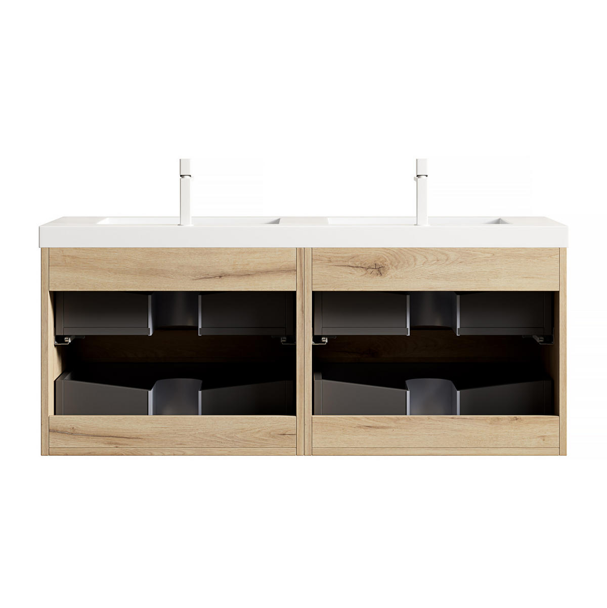 WASCHTISCHKOMBI 120 cm in Weiß-Eiche mit Doppelwaschbecken und 4 Soft-Close-Schubladen - Eichefarben, Kunststoff (120/53/46cm) - BEAOK