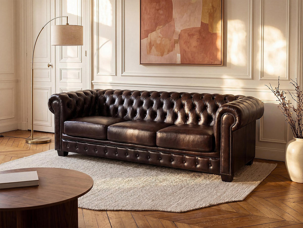 SOFA - 4 Personen - leder - schokoladenbraun Brenton - Dunkelbraun, Leder/Holz (240/73/99cm) - Vente-Unique