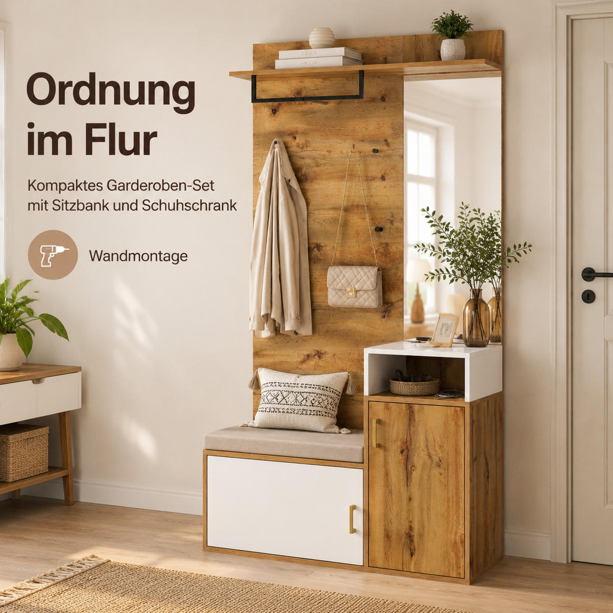 GARDEROBENSET 105/40/190,5 cm aus MDF und Spanplatte mit Spiegel und Sitzbank Weiß/Holzfarben - Weiß, Holzwerkstoff (105/190.5/40cm) - Modenvie