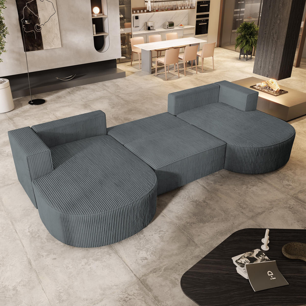 WOHNLANDSCHAFT VEZZO P Grau Kordstoff mit Schlaffunktion - Grau, Holz (347/85/174cm) - MASSENO