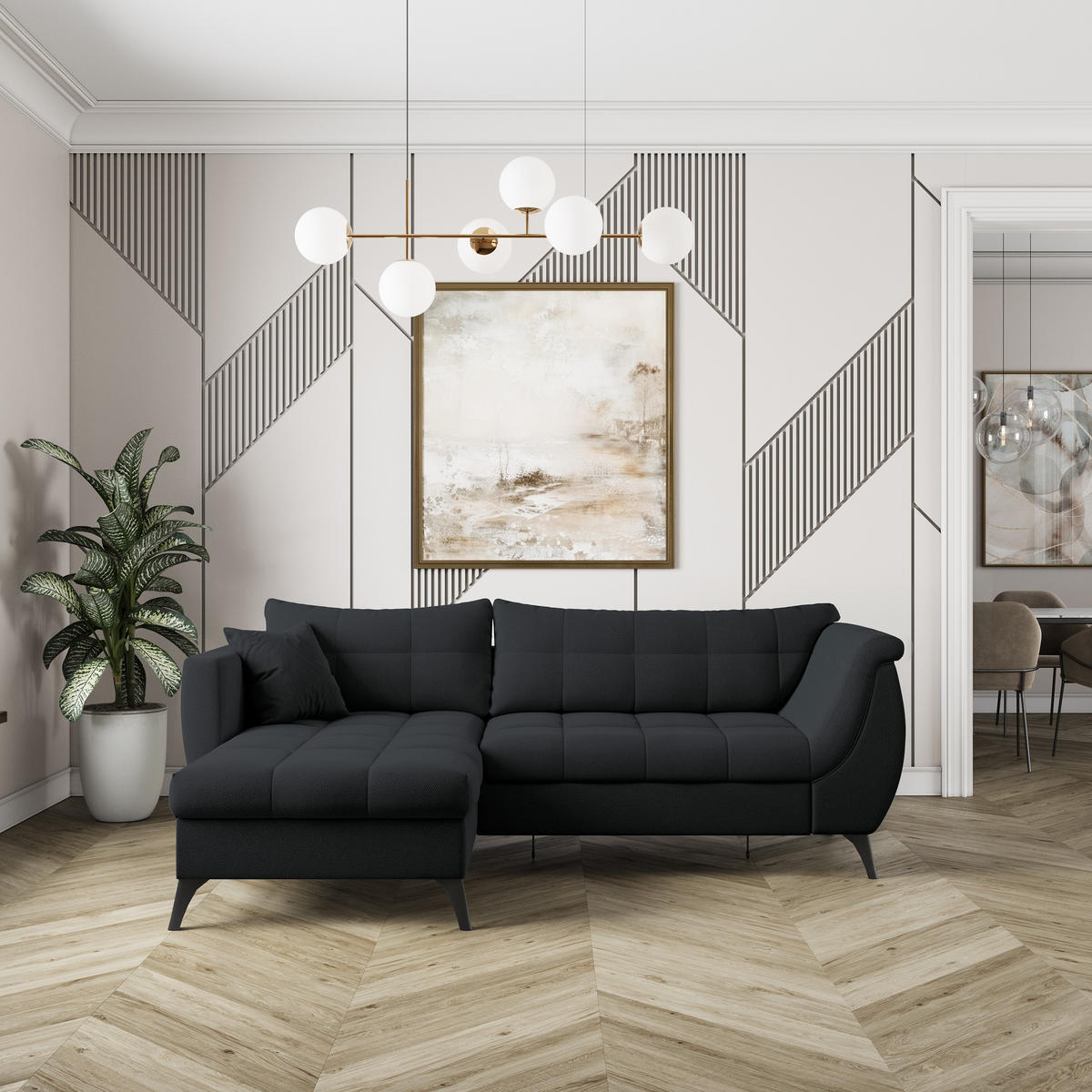 ECKSOFA MOLLIS Schwarz Geflochtener-Stoff mit Schlaffunktion - Schwarz, Holz (241/154cm) - MASSENO