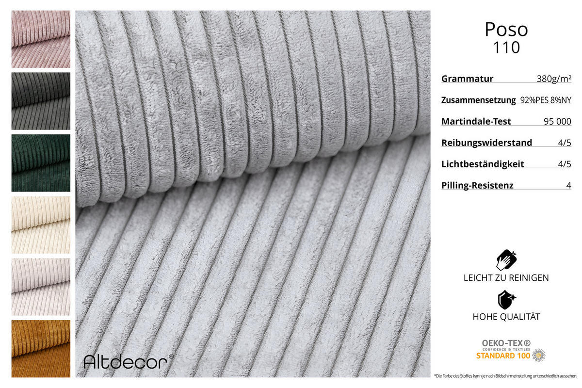 ECKSOFA Ottomane Links SERRA-L - 266x165x73 cm Grau Cord - Schwarz/Grau, Holzwerkstoff/Kunststoff (165/266cm) - ALTDECOR