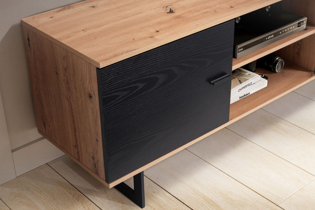 TV-LOWBOARD mit Eiche-Dekor und 2 Türen, modern, Braun-Schwarz 150x40x55 cm - Schieferfarben/Schwarz, Holzwerkstoff/Metall (150/55/40cm) - KADIMA DESIGN