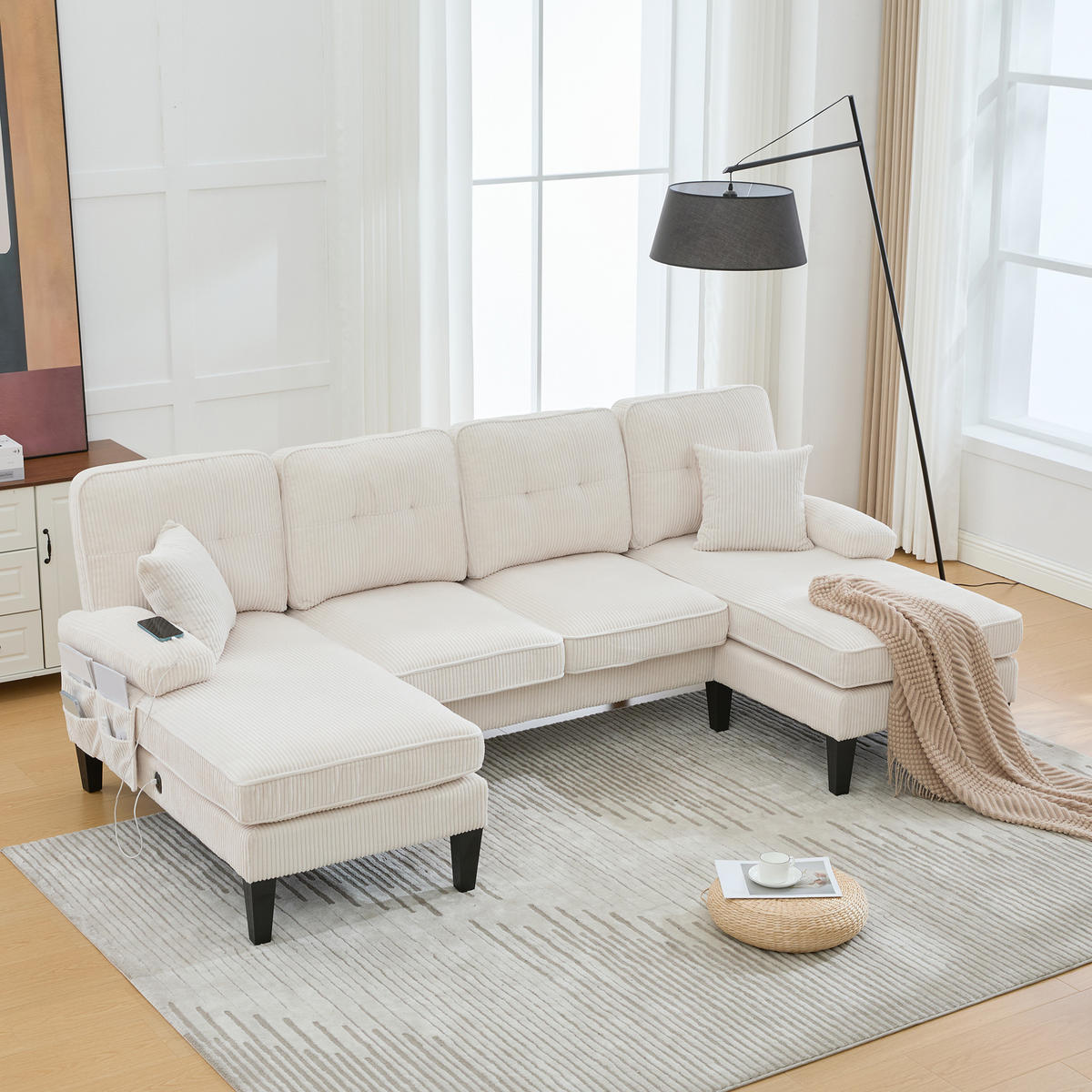 WOHNLANDSCHAFT 4-Sitzer Leinen Beige mit USB, Type-C und Seitentaschen - Beige, Textil (250/88/130cm) - WISHDOR