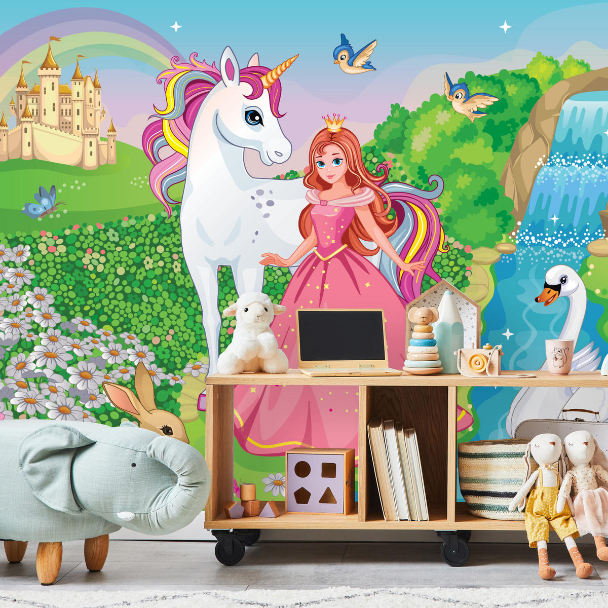 FOTOTAPETE für Kinderzimmer Prinzessin Einhorn Schloss Wasserfall Blumen 350x256 - Blau/Gelb, Papier (350/256cm) - Muralo