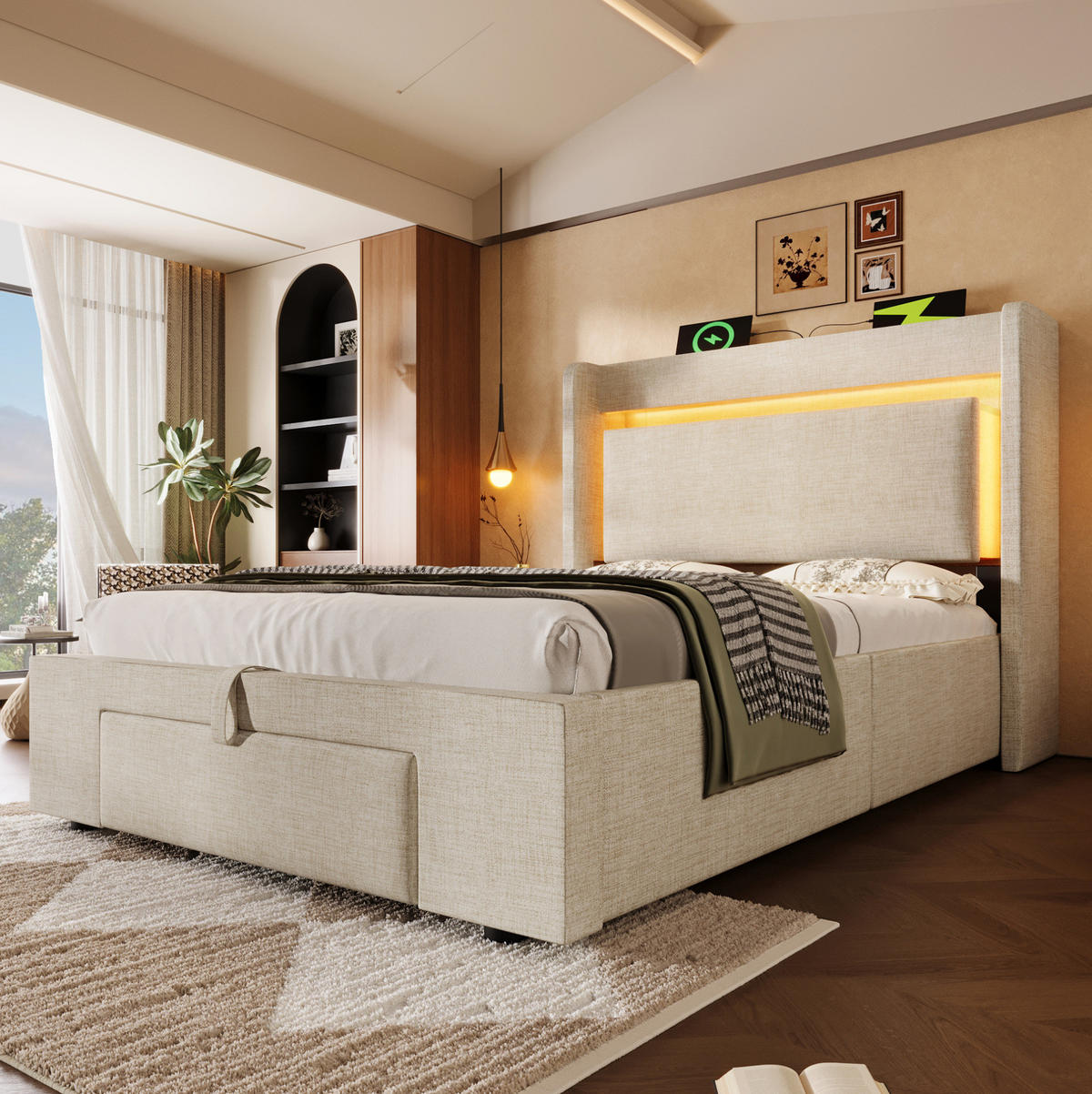 BETT mit Stauraum 90x200 cm Leinen Beige mit Matratze - Beige, Metall (90/200cm) - Meubliv