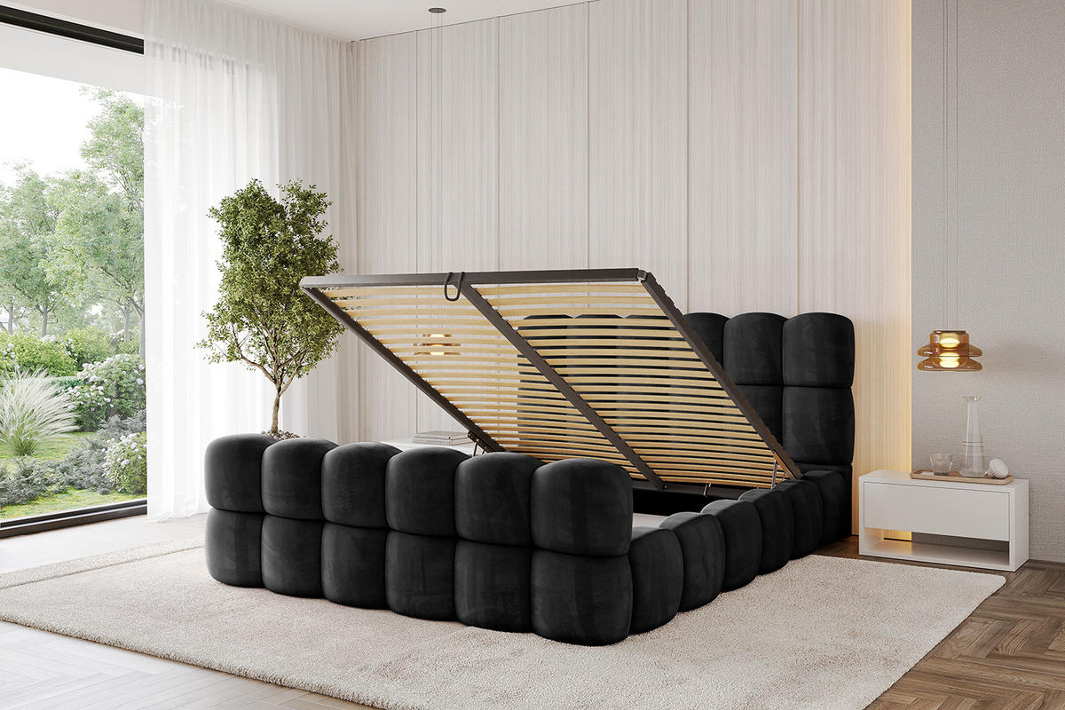POLSTERBETT mit Bettkasten, Fußteil und Lattenrost, Bett mit Matratze H3/H4 - LEYA-Z 120x200 Schwarz - Schwarz, Holzwerkstoff/Textil (120/200cm) - ALTDECOR