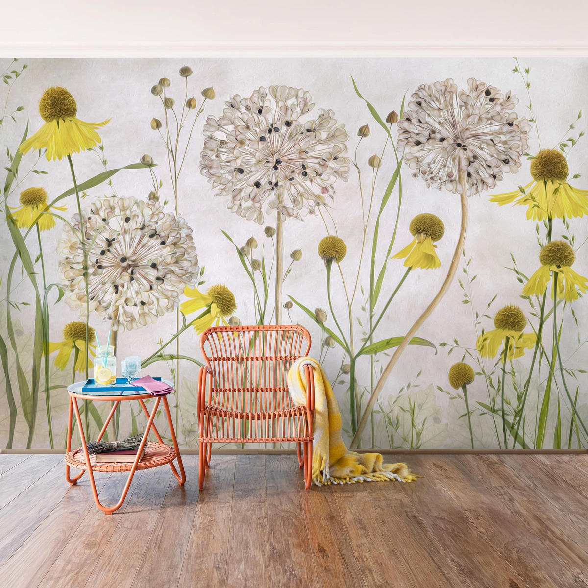FOTOTAPETE Allium und Helenium Illustration 336/225 cm - Eichefarben, Papier (336/225cm) - Bilderwelten