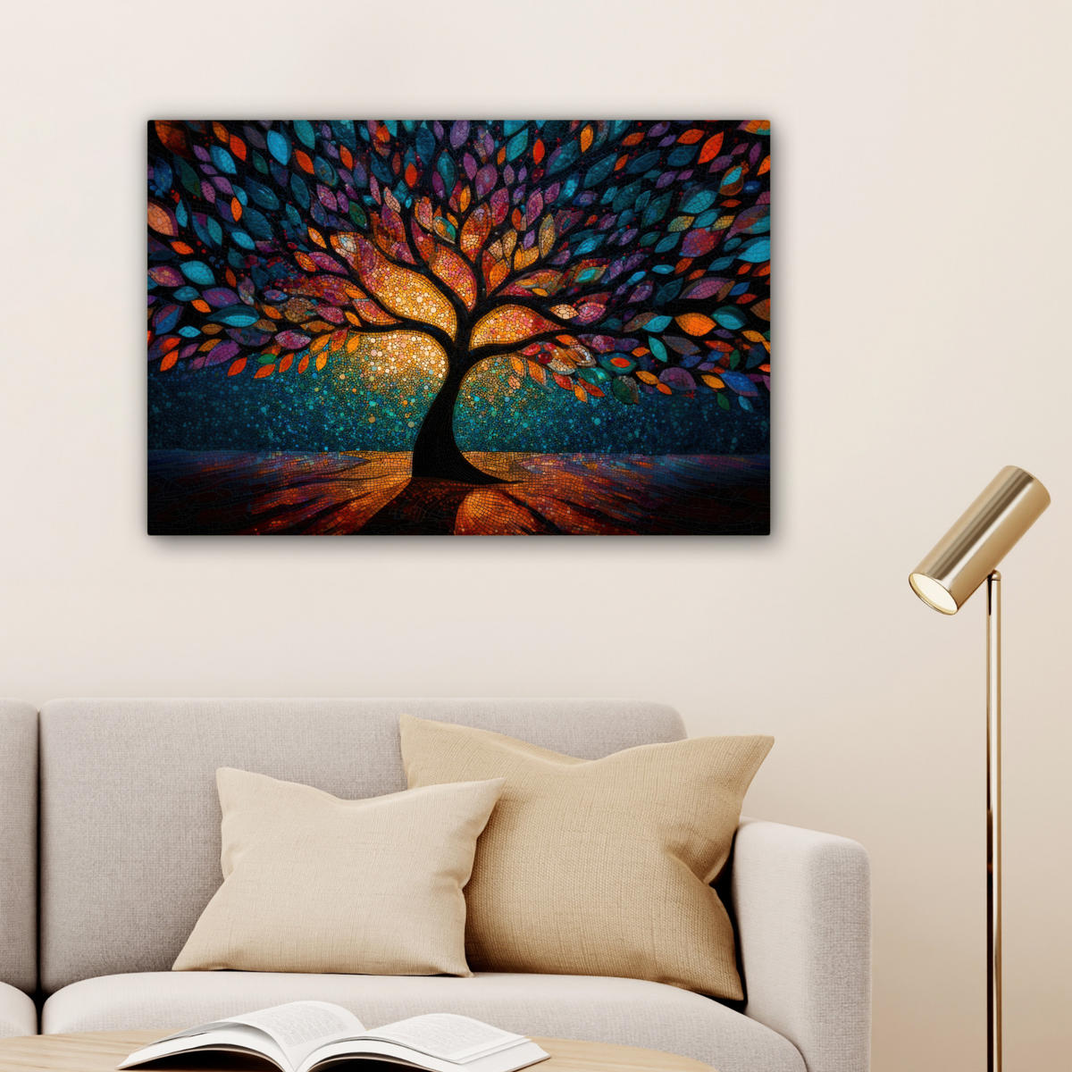 LEINWANDBILD Mosaik - Bunt - Baum - Äste Wanddeko 90x60 cm - Multicolor, Textil (90/60cm) - MuchoWow