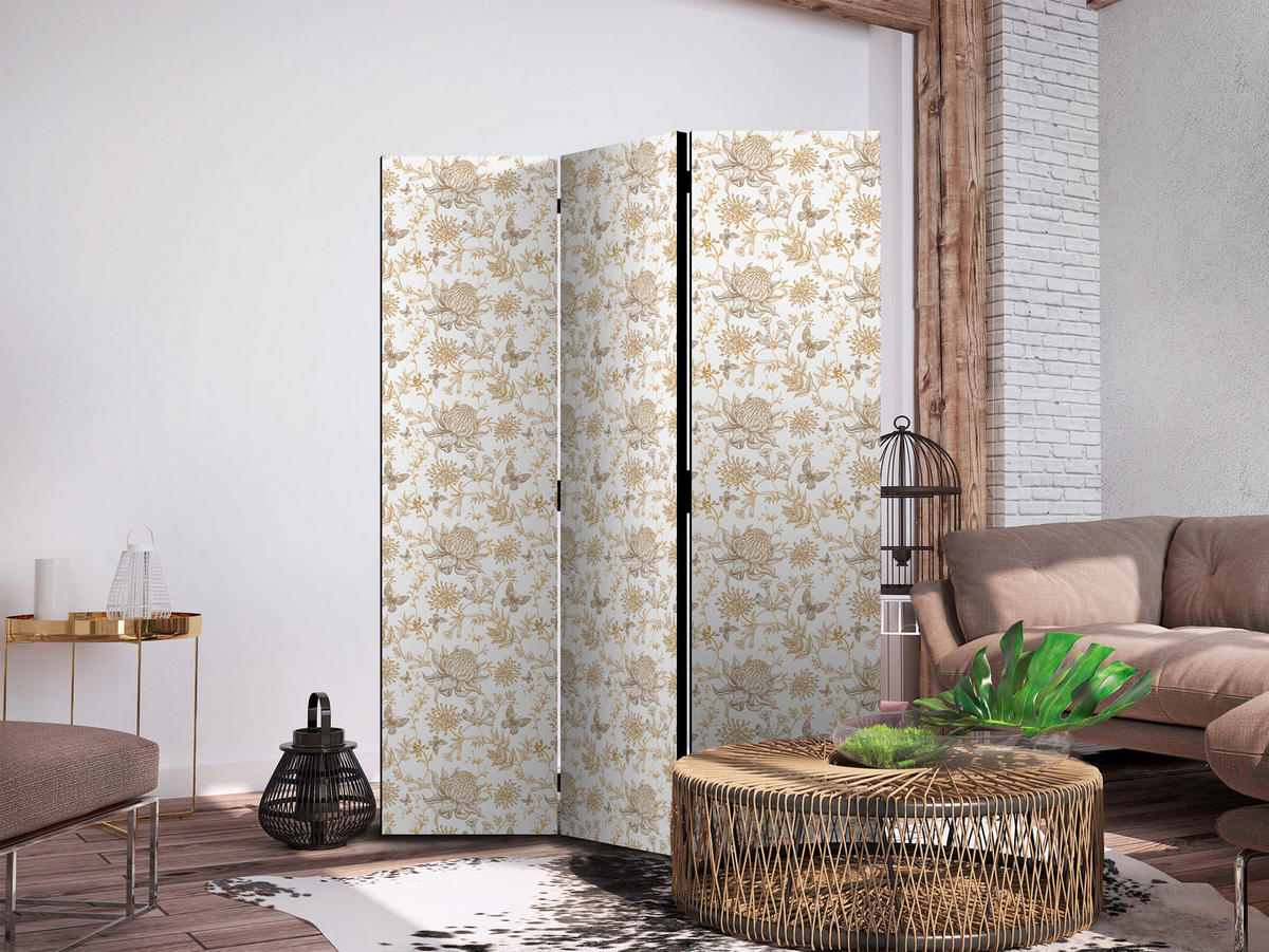 PARAVENT Akustik 3-tlg 135x172 cm Chrysanthemen und Schmetterlinge - Beige, Holz/Textil (135/172/3cm) - Muralo