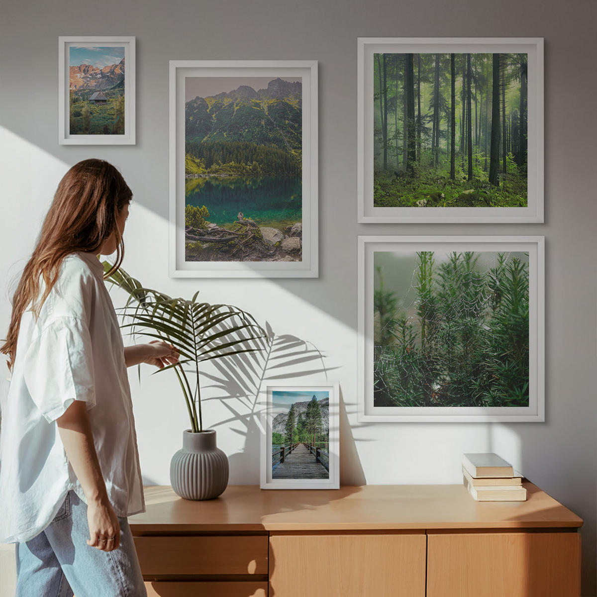 BILDER SET 5er Set - 50x50 cm & 20x30 cm & 40x60 cm Weißer Rahmen - Minimalistische Pflanzenzeichnungen - Weiß, Kunststoff (40/60cm) - TULUP