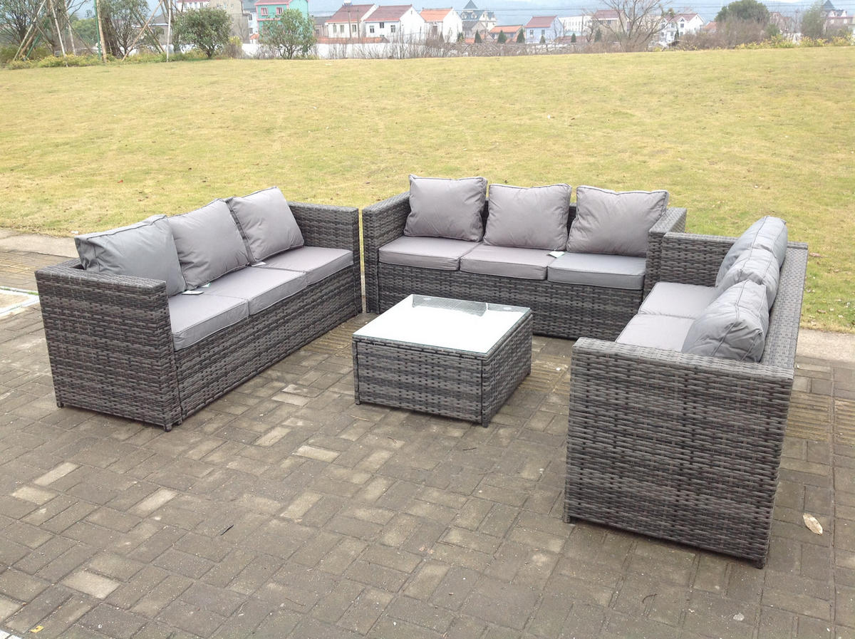 GARTENSET Polyrattan 9-Sitzer - Dunkelgrau/Grau, Glas/Kunststoff - Fimous