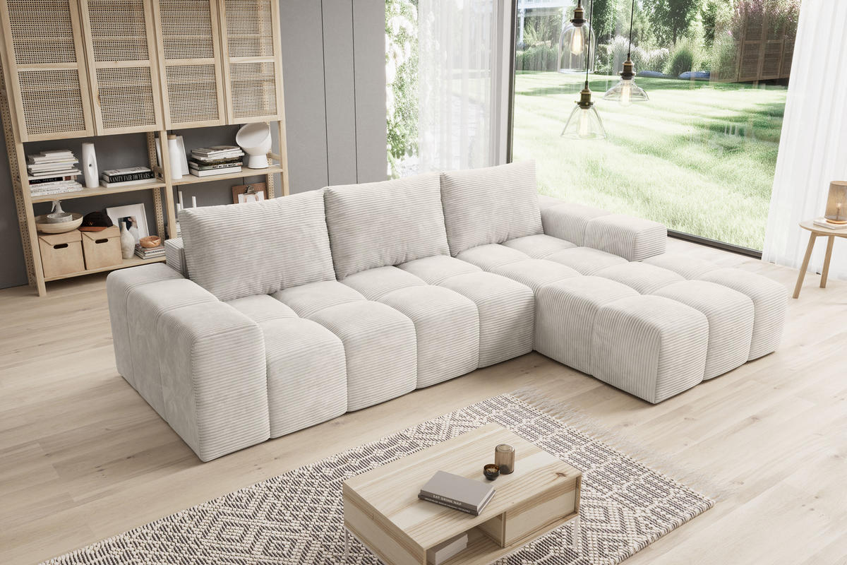 ECKSOFA Cento, L-Form, Ottomane Rechts, Cordstoff, 285x56x180 cm, Beige - Beige, Holz (285/180cm) - PROMETO Möbel
