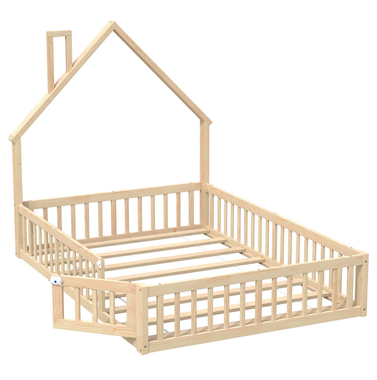 HAUSBETT 140/190 cm aus Kiefernholz – mit Schornsteinform und Sicherheitsgitter - Naturfarben, Holzwerkstoff (140/190cm) - BEAOK