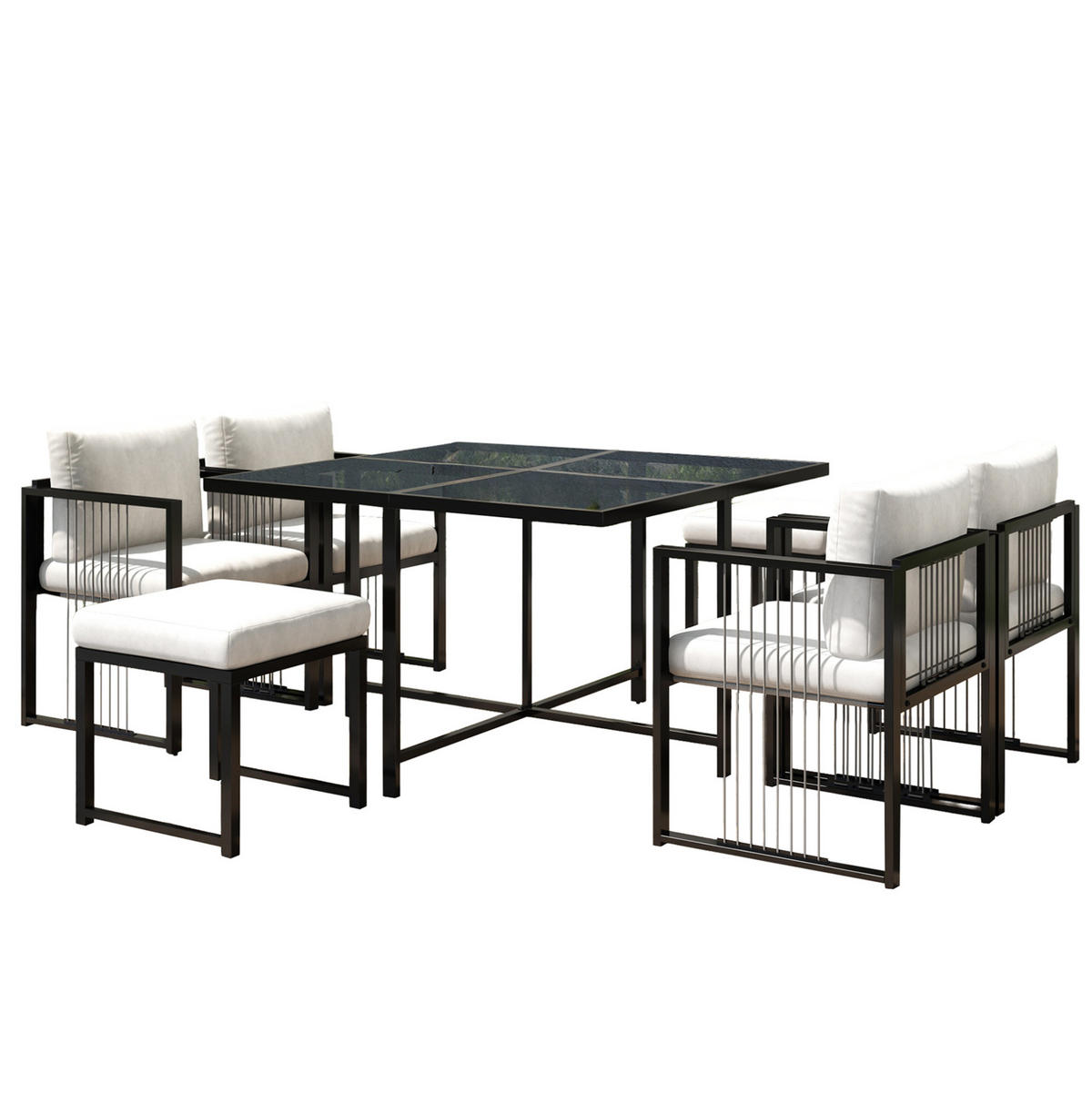 GARTEN-ESSGRUPPE 7-tlg. für 6 Personen 117x117 cm Schwarz/Weiß - Beige, Metall - Beauniv