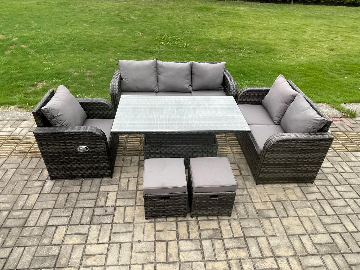 GARTENMÖBEL SET mit 3-Sitzer Sofa, Stuhl Höhenverstellbarer Esstisch 8-Sitzer Grau - Dunkelgrau/Grau, Glas/Kunststoff - Fimous