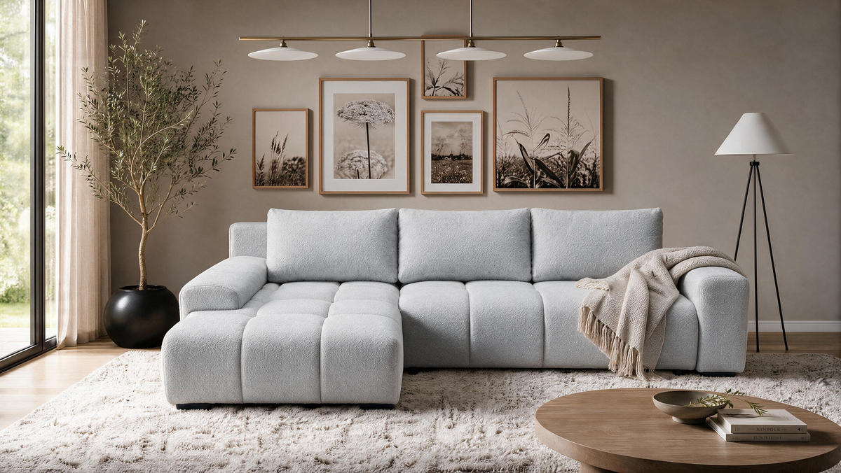 ECKSOFA Ovia mit Bettkasten und Schlaffunktion, Bouclé-Stoff in L-Form - Hellgrau, Textil (270/185cm)