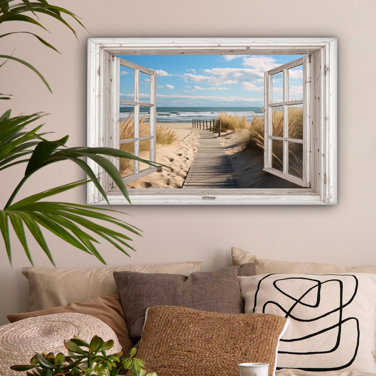 LEINWANDBILD Fenster - Meer - Küste - Natur - Ausblick - Strand - Wattenmeer Wanddeko 90x60 cm - Beige, Textil (90/60cm) - MuchoWow