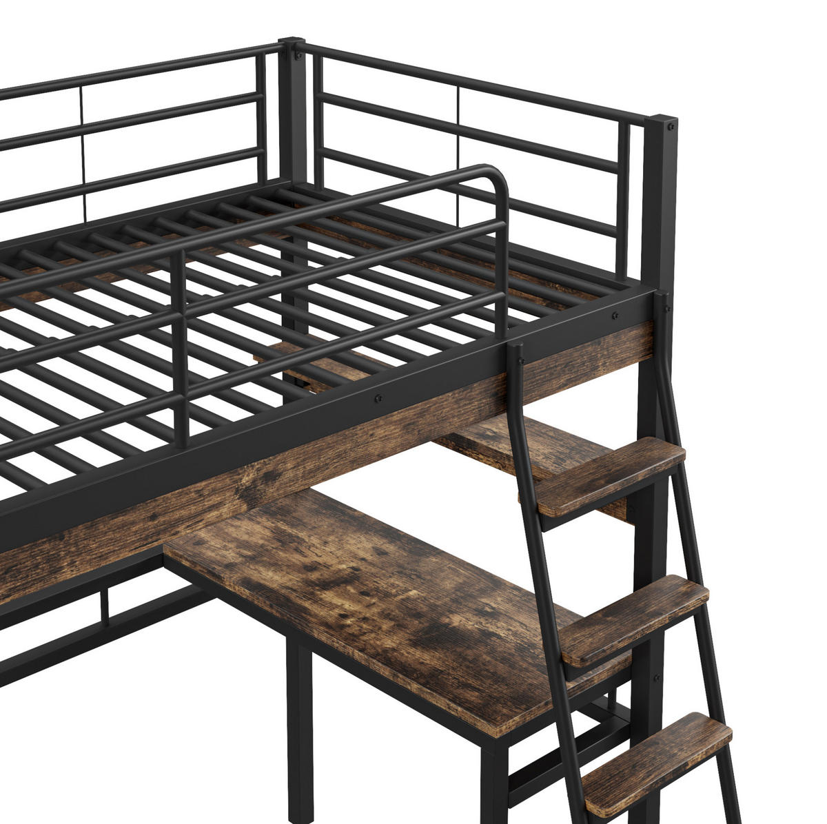 VYSOKÁ postel 90/200 cm černá s psacím stolem a policemi z kovu a MDF - černá, kov (90/200cm) - OKWISH