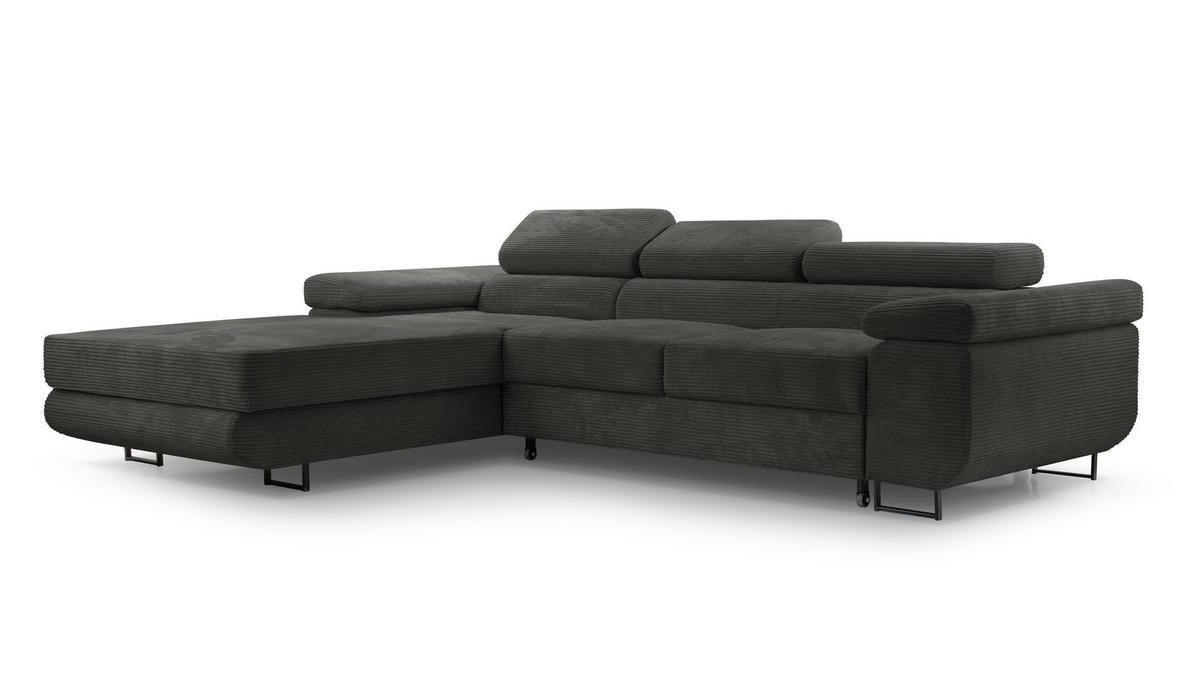 ECKSOFA GIULIO Grau Velours-Stoff mit Schlaffunktion - Grau, Holz (280/203cm) - MASSENO