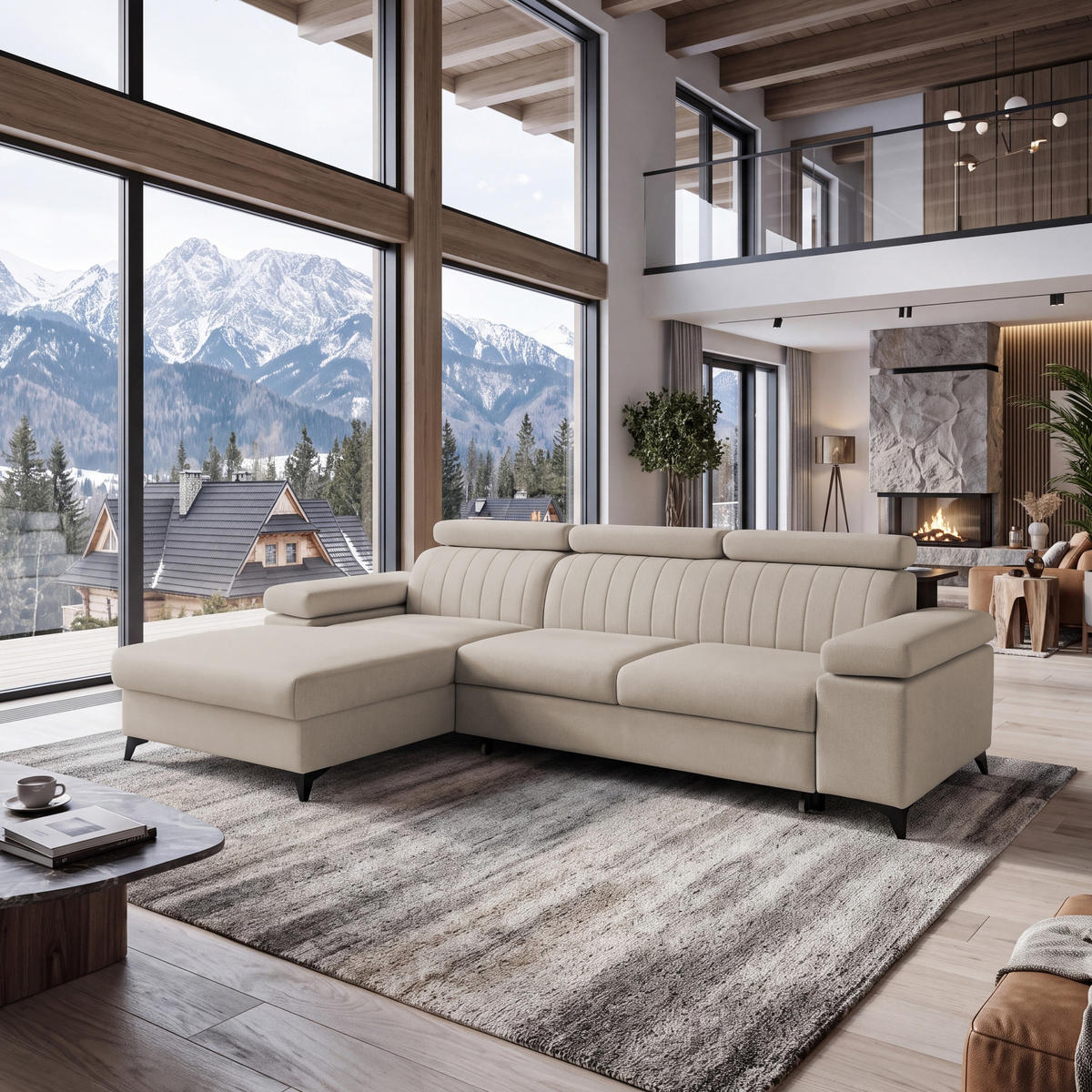 ECKSOFA FELIX L Links mit Schlaffunktion Velours Beige - Beige/Schwarz, Holz/Textil (257/176cm) - Muffo