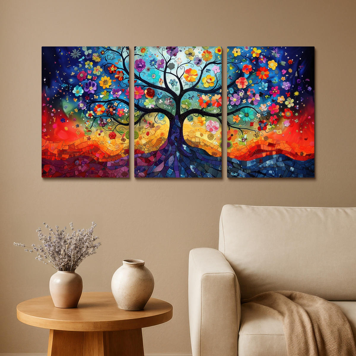 LEINWANDBILD 3er Set Bunt - Baum des Lebens - Blumen - Abstrakt 120x60 cm - Blau, Textil (120/60cm) - MuchoWow
