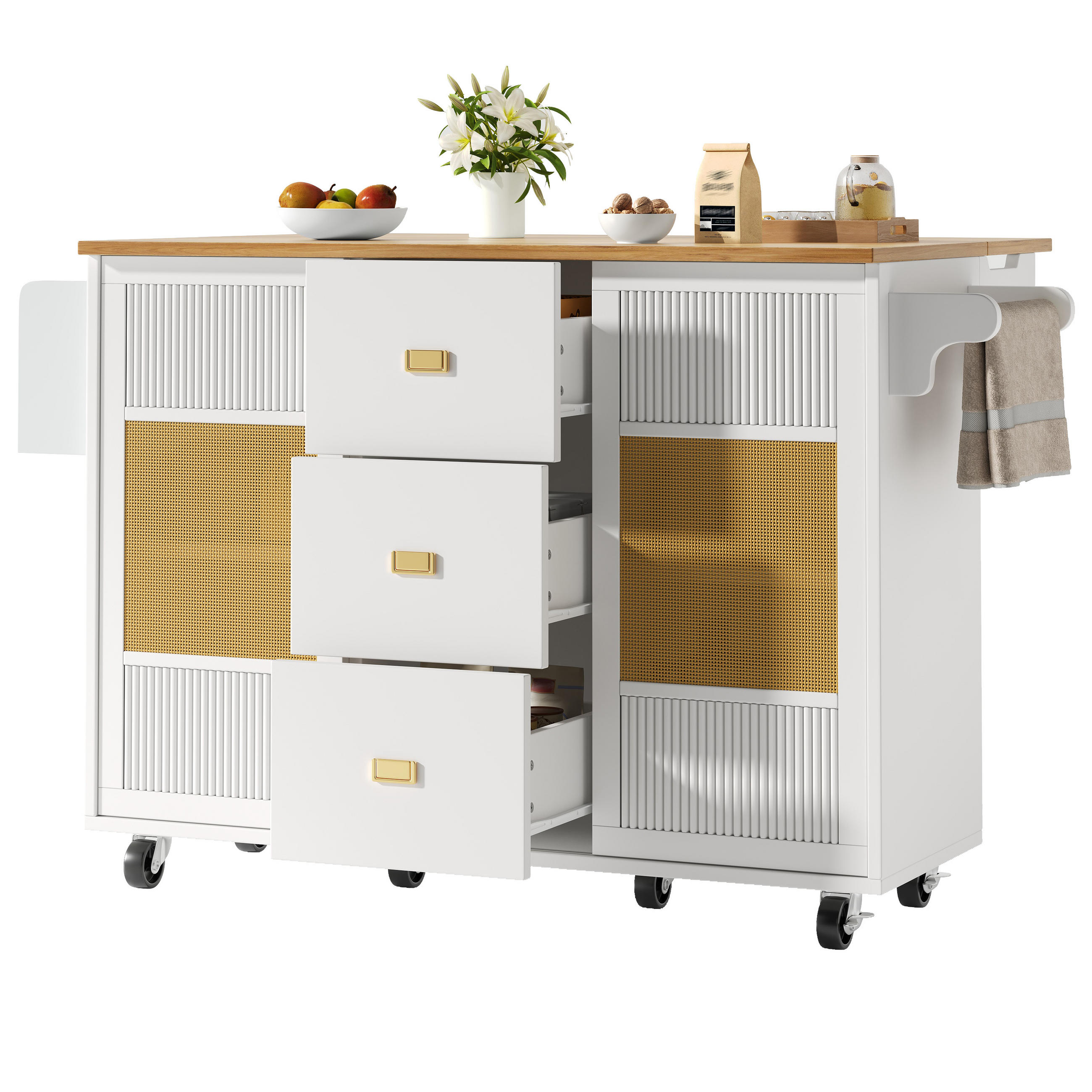 KÜCHENINSEL mit Rollen 146,85/70/90 cm Weiß mit Klapptisch, 3 Schublade und Rattan-Schiebetüren - Weiß, Holz/Holzwerkstoff (146.85/90/70cm) - Oxeza