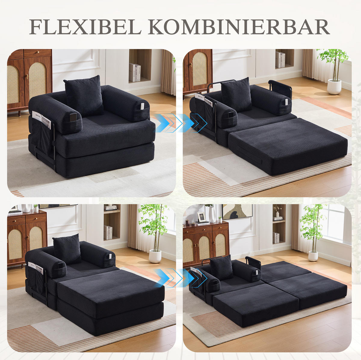 SCHLAFSOFA aus Cord 112x190x67 cm Schwarz mit Hocker, Seitentasche und Kissen - Schwarz, Textil (112/67/190cm) - Modfu