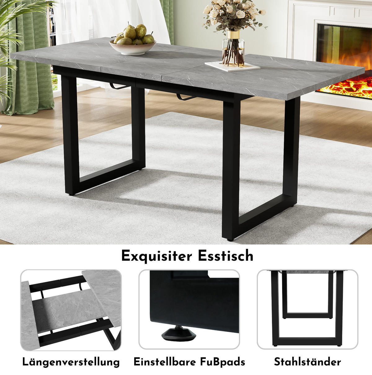 ESSTISCH 140/180/80 cm in Beton-Optik/Schwarz, ausziehbar im Industriestil - Schwarz, Holzwerkstoff (140/80/75cm) - Flora Grace