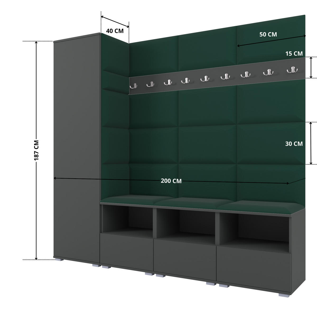 GARDEROBE NELA IX 200 cm (Modulare Flurmöbel Graphit mit Sitzpolster Flaschengrün 28 Breite Sitzbank) - Dunkelgrün/Silberfarben, Holz/Holzwerkstoff (200/187/40cm) - Ravio
