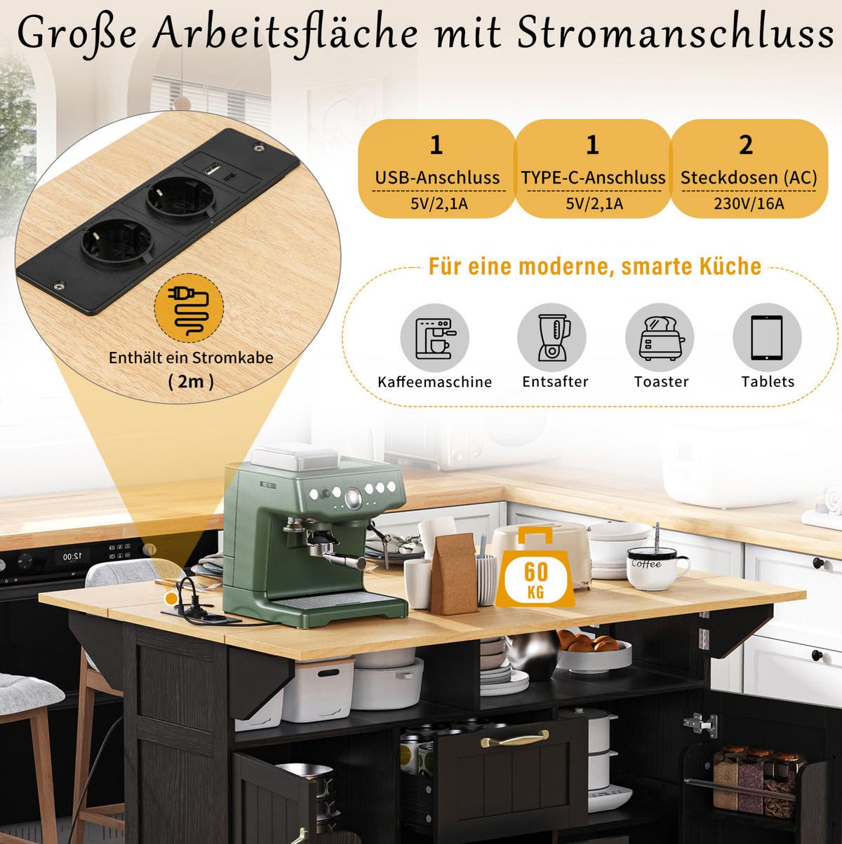 KÜCHENINSEL 120/92/40-60-80 cm Schwarz/Natur aus MDF mit Klapptisch - Schwarz, Holzwerkstoff (80/92/120cm) - OKMYHOME