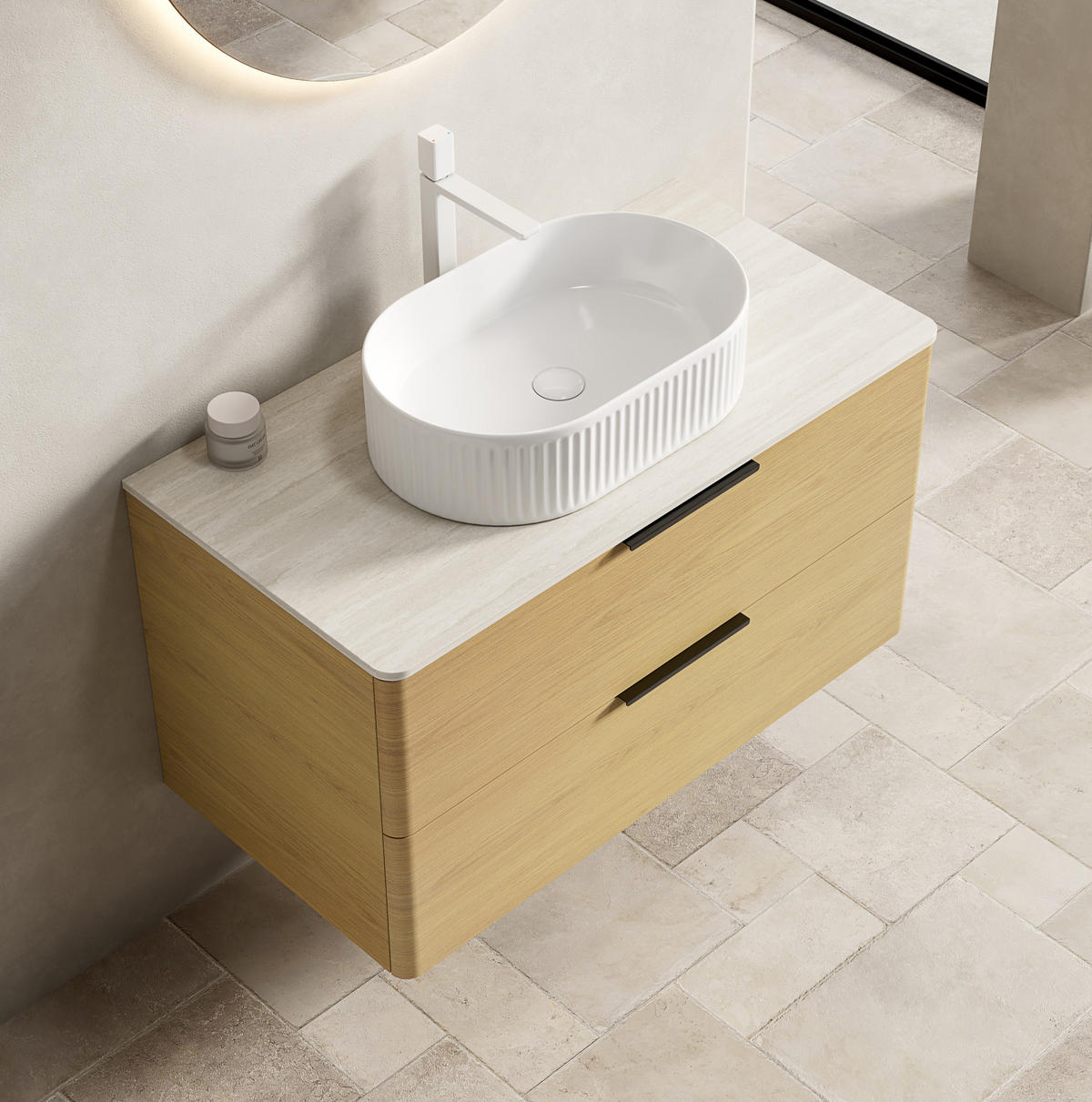 WASCHTISCHKOMBI 90x46x62.2cm Beige/Eiche/Weiß mit ovalem Keramikbecken & Travertin-Arbeitsplatte - Eichefarben, Keramik (90/62.2/46cm) - Modfu