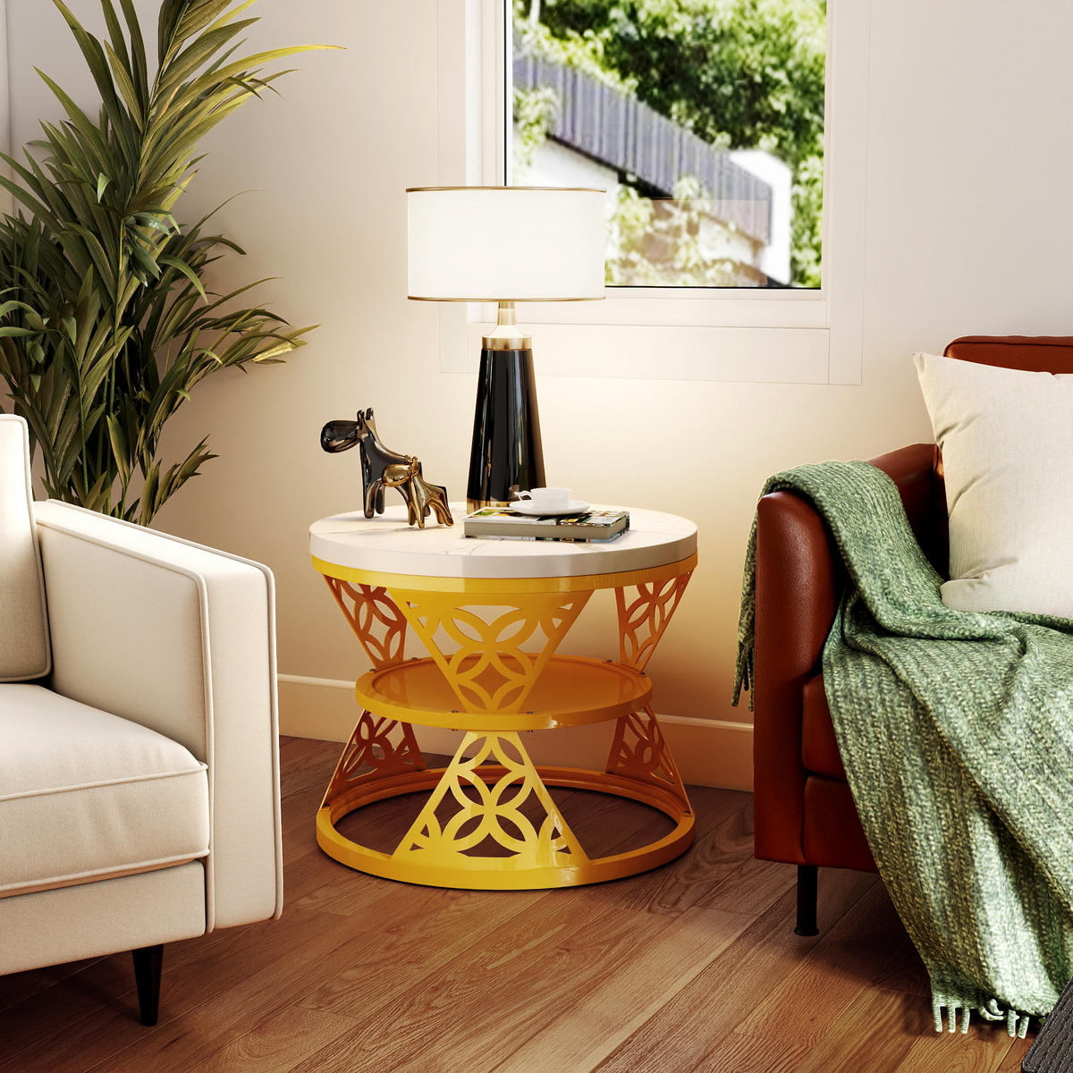 COUCHTISCH in Goldfarben Hitzebeständiger Wohnzimmertisch mit Marmor-Optik Platte Sofatisch mit Metallgestell - Goldfarben/Weiß, Holzwerkstoff/Metall (70/70/45cm) - STILVORA