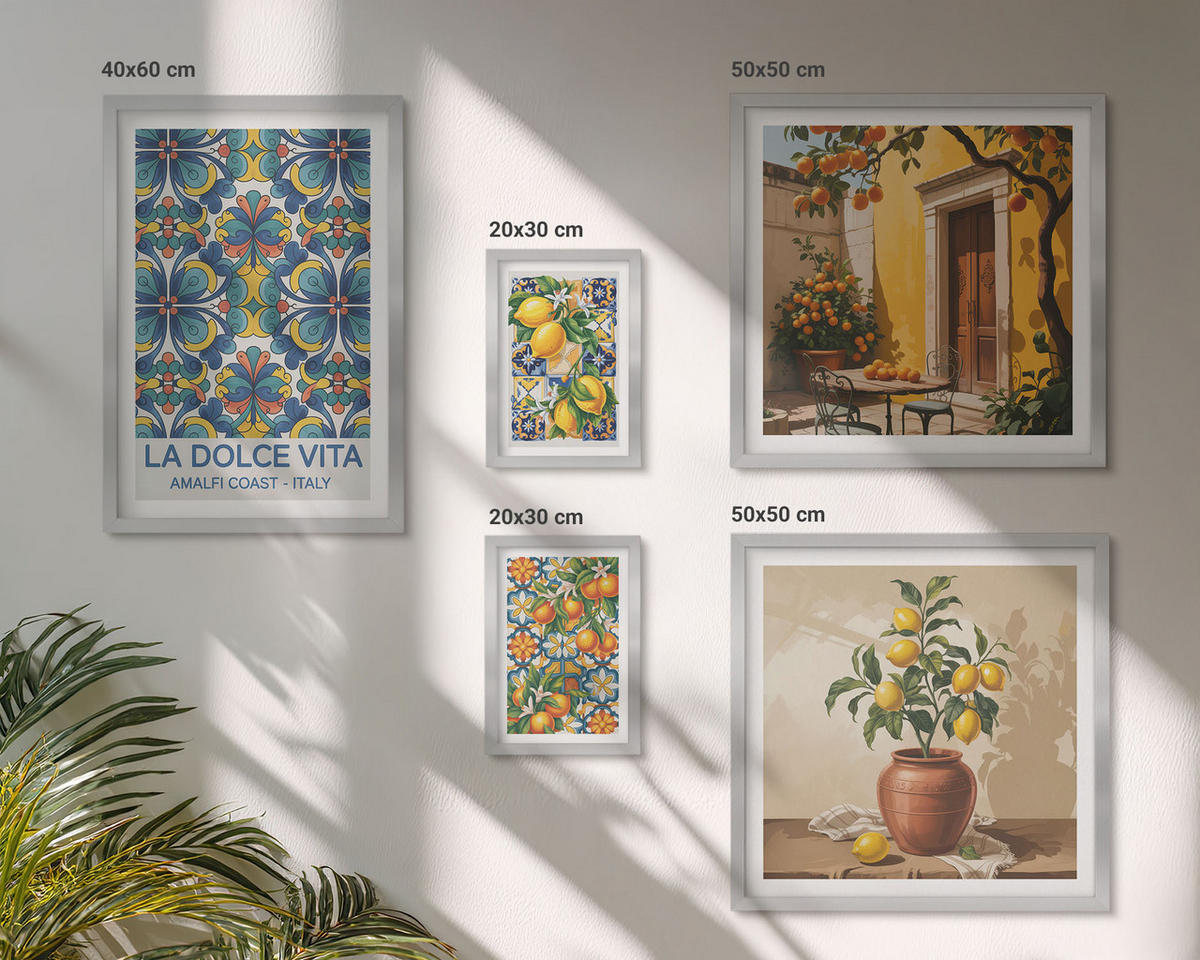 WANDBILDER 5er Set - 50x50 cm & 20x30 cm & 40x60 cm Silberner Rahmen - Zitronen, Blumen, Orangen, Italien - Silberfarben, Kunststoff (40/60cm) - ArtPrintCave