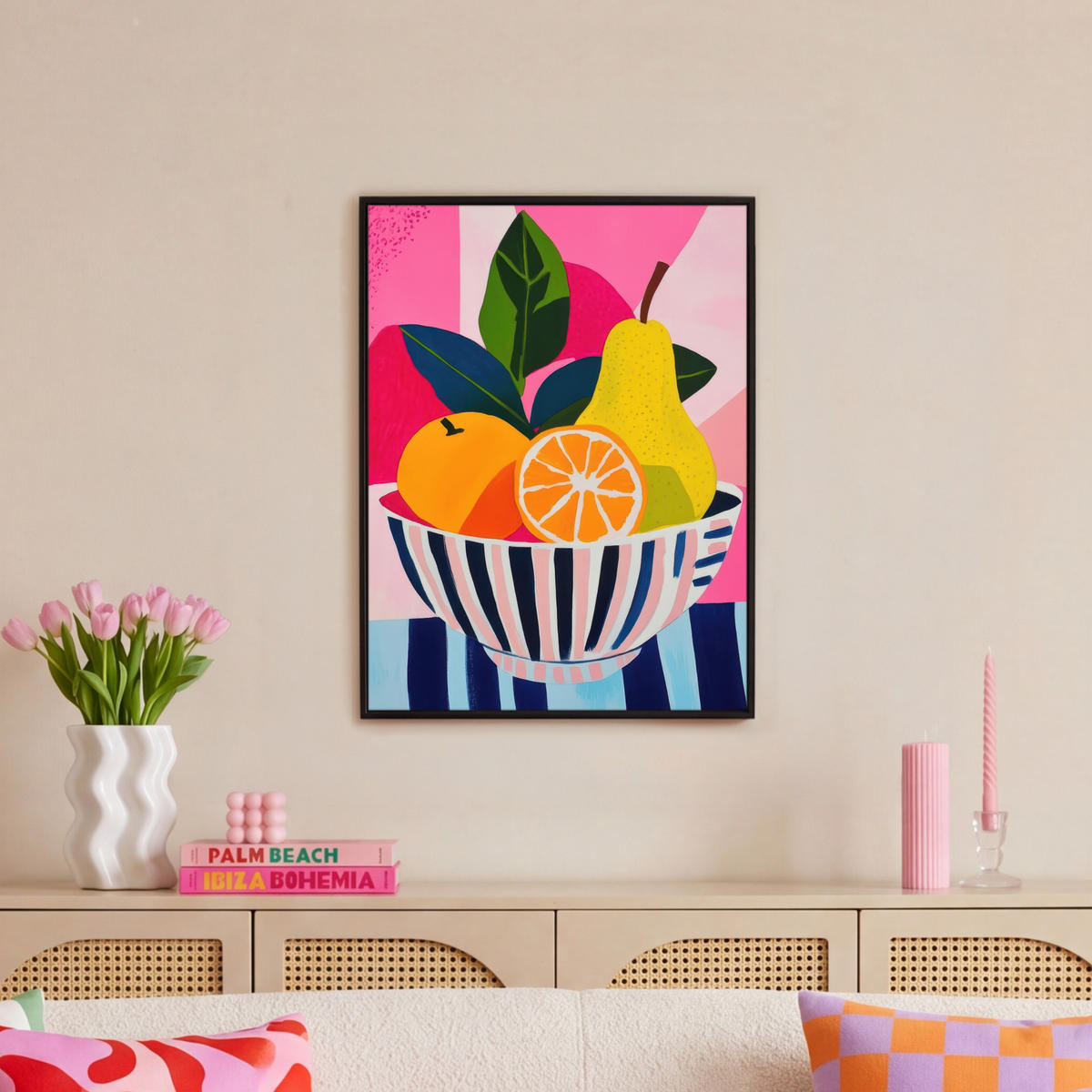 LEINWAND Bilder mit Rahmen - Obst - Abstrakter Hintergrund - Rosa - 50x70 - Pink, Textil (50/70cm) - MuchoWow