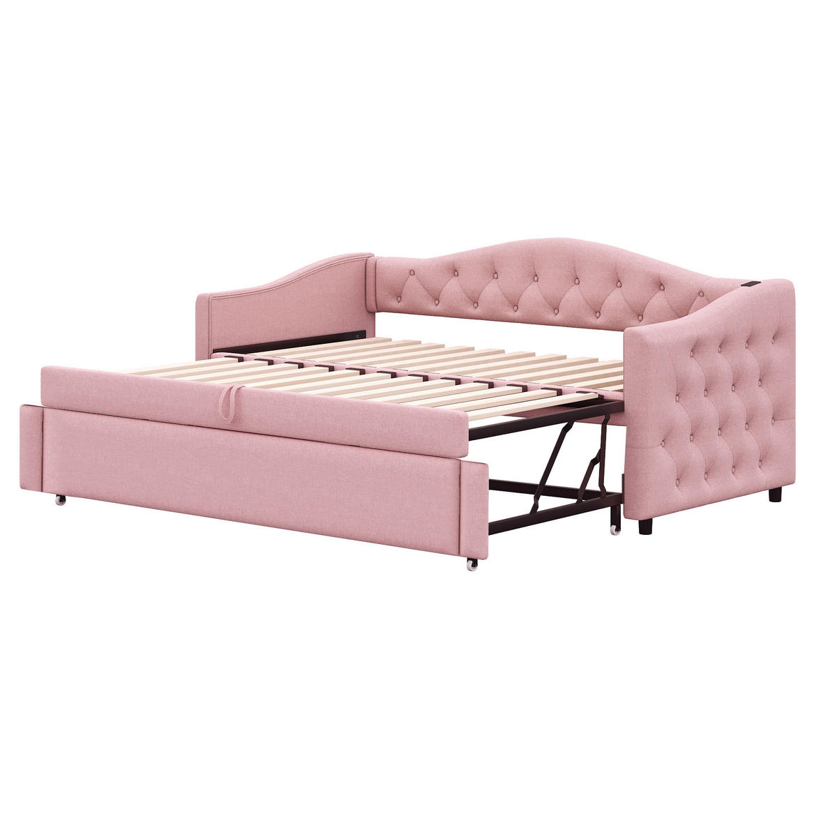 POLSTERBETT 90x200 Rosa Leinen USB Ausziehbar - Pink, Textil (90/200cm) - FLIEKS