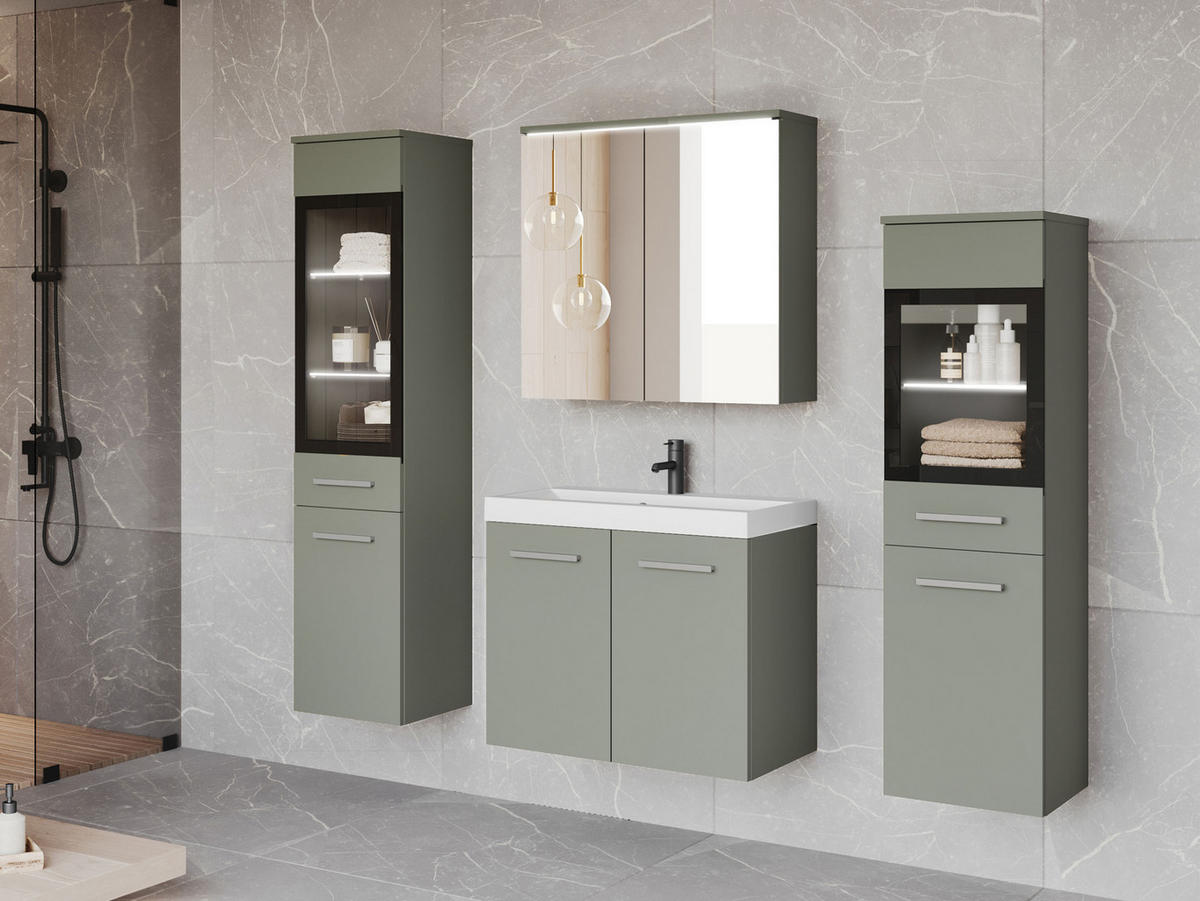 BADMÖBEL-SET Madrit II mit weißer LED Beleuchtung - Silberfarben/Mintgrün, Holzwerkstoff/Kunststoff (132/132/30cm) - MIRJAN24