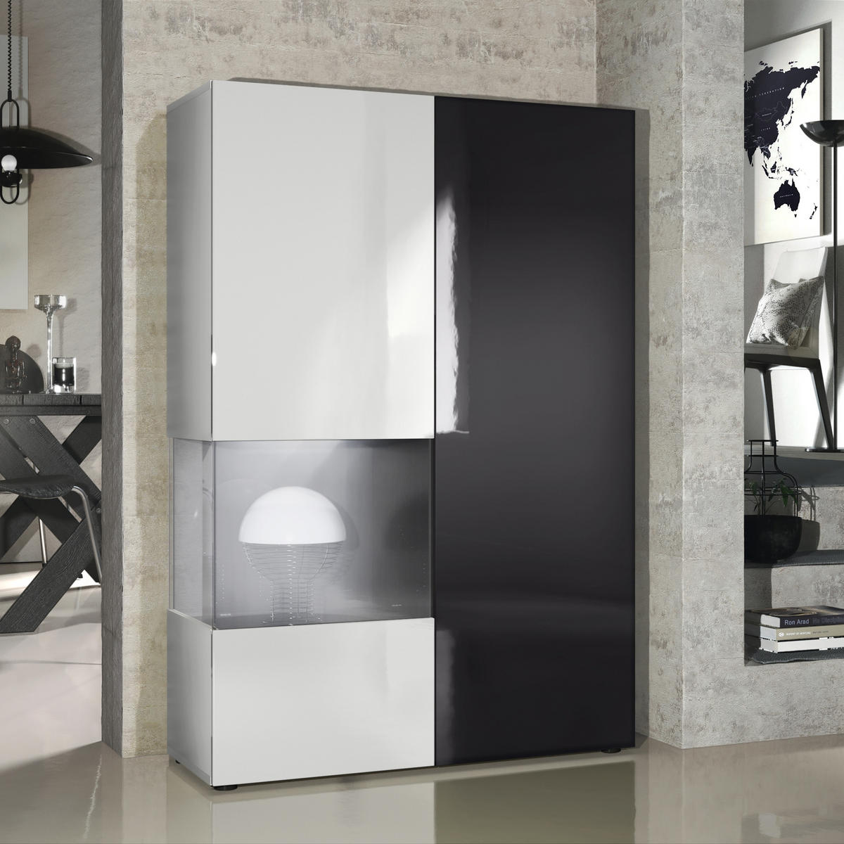 VITRINE Morena Tür und Einsatz in Schwarz Hochglanz - Schwarz Hochglanz, Holzwerkstoff (91.5/136.5/37cm) - Vladon
